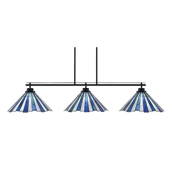 Monroe 3-Light Billiard Light Round Fitter, Matte Black Finish, 16 in. Sea Ice Art Glass