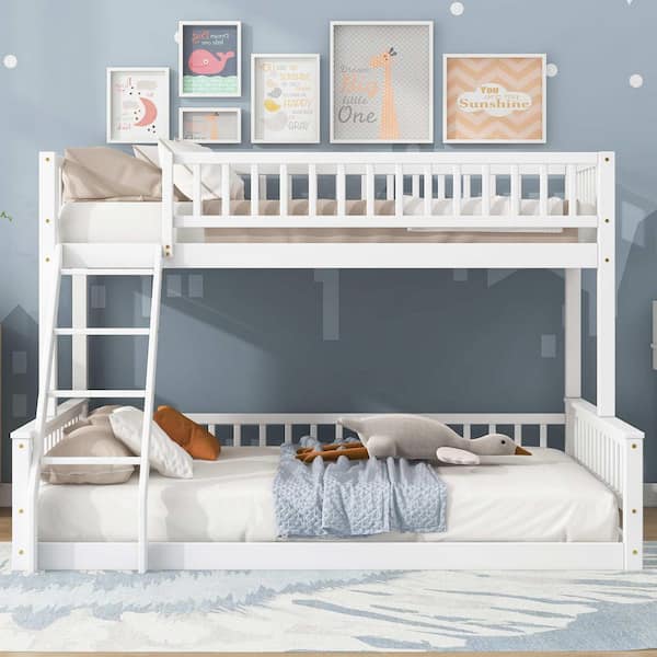 White Twin XL Over Queen Bunk Bed with Ladder and Guardrails