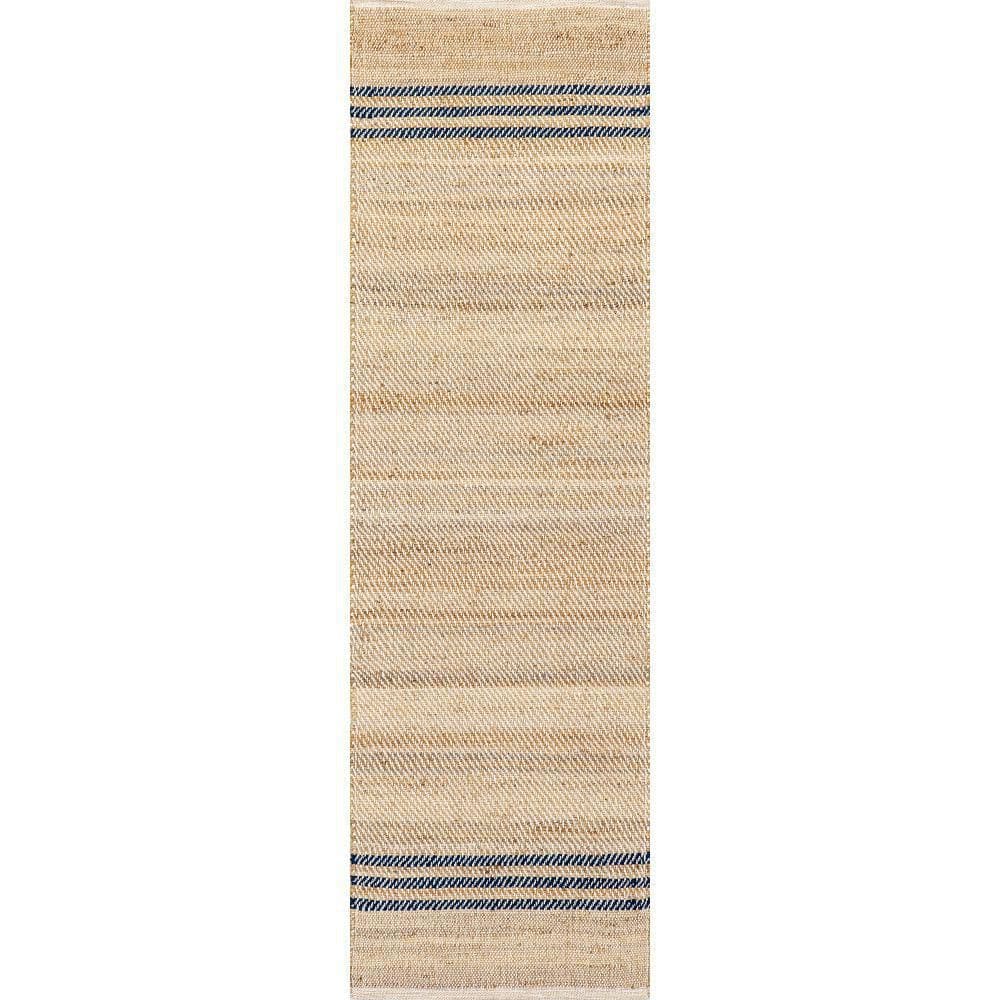 Natural Jute Flatwoven Runner Rug with Blue Stripes, 2' x 8'