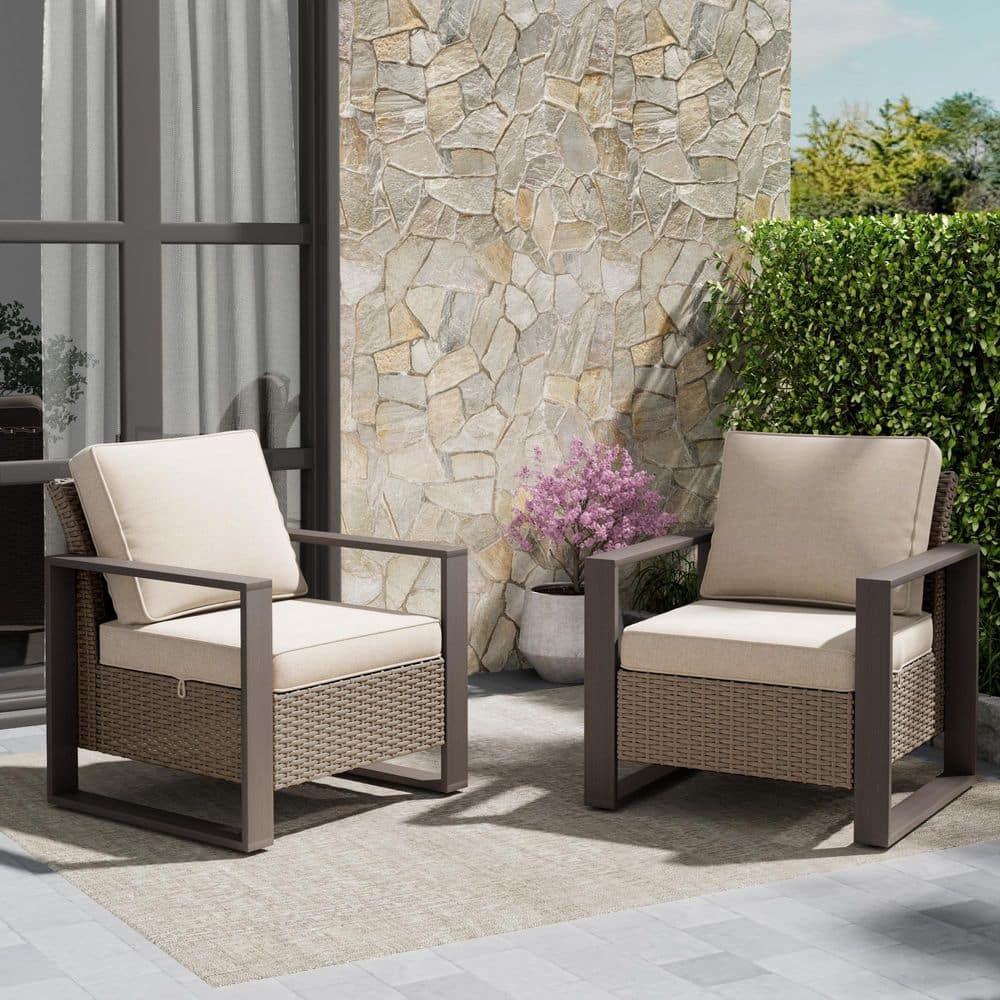 2-Piece Outdoor Wicker Lounge Chair Set with Metal Frame and Beige Cushions price history on PriceWatchPro
