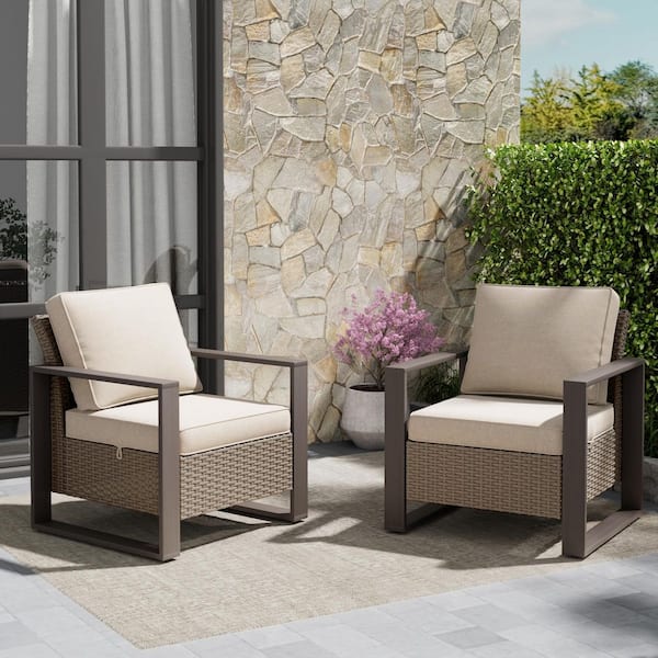 2-Piece Outdoor Wicker Lounge Chair Set with Metal Frame and Beige Cushions