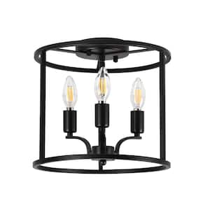 Industrial 11.8 in. 3-Light Black Cage Ceiling Flush-Mount Light Fixture