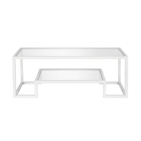 HomeRoots 45 in. White Rectangle Glass Coffee Table with Shelves; Storage