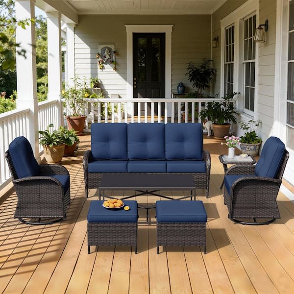 7-Piece Furniture Set Wicker Patio Conversation Set with Blue Cushions