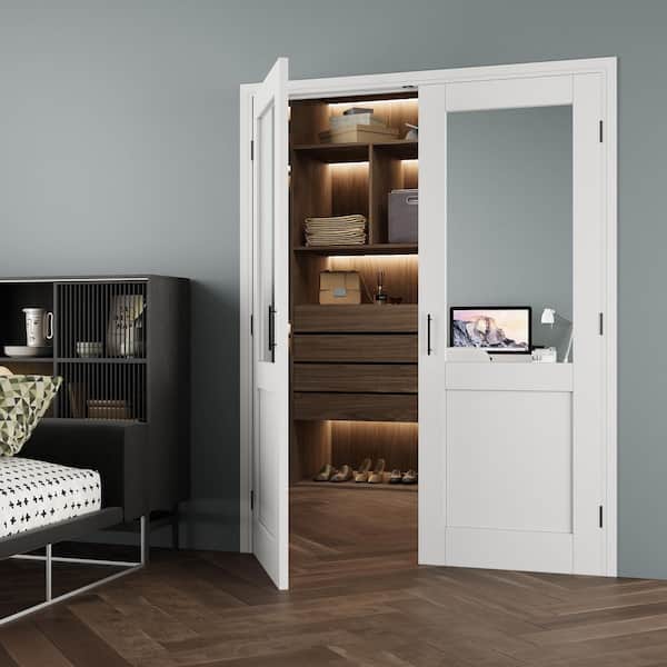 64 in. x 80 in. 1/2-Lite Mirrored Glass Universal White Solid Core Glass French Bi-fold Door +Separate Jamb & Ball Catch