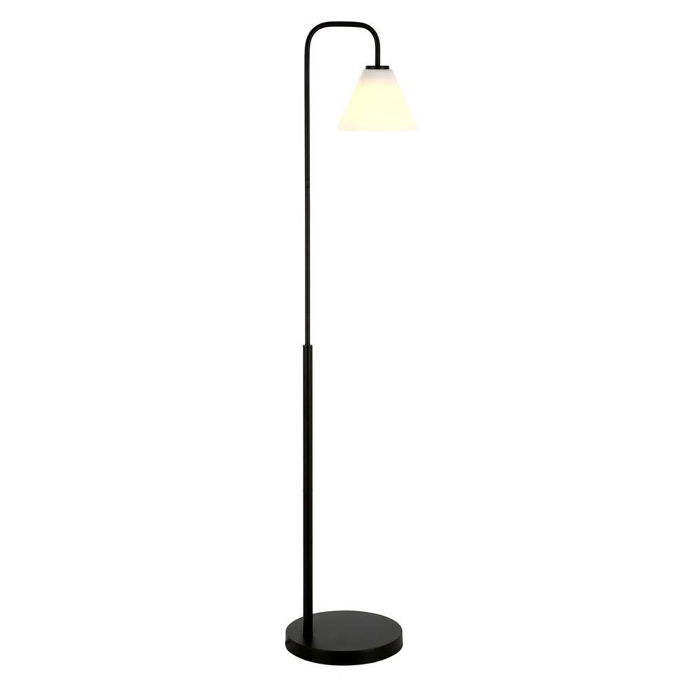Henderson Voice-Controlled Blackened Bronze Arc Floor Lamp with White Milk Glass Shade