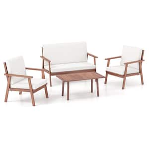 4-PCS Wood Patio Conversation Set Acacia Sofa Coffee Table w/Cushioned Seat