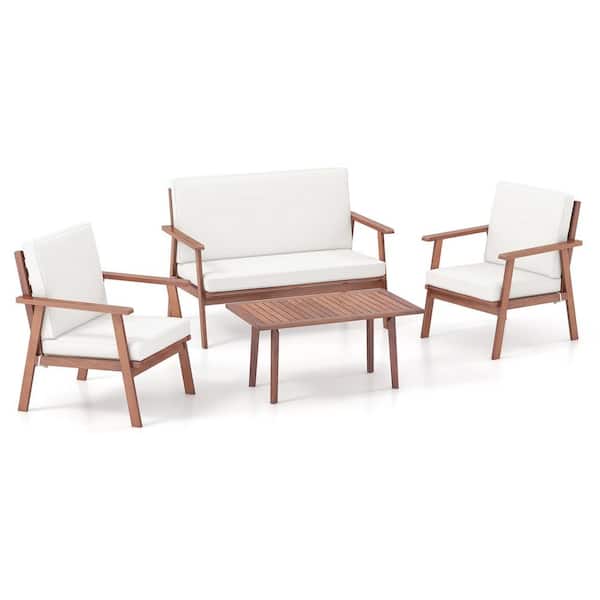 Gymax 4-PCS Wood Patio Conversation Set Acacia Sofa Coffee Table w/Cushioned Seat