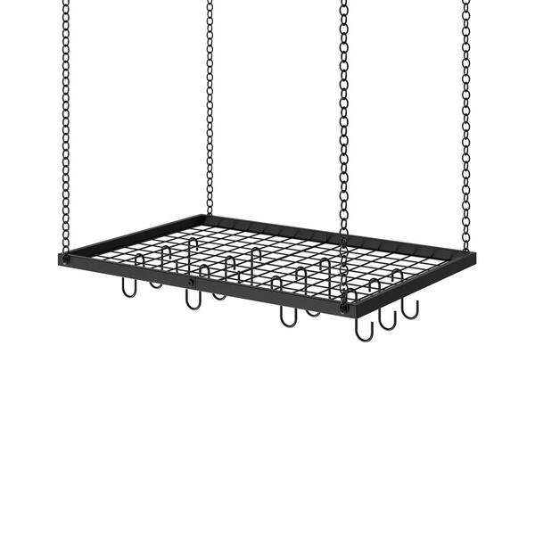 Hanging Ceiling-Mounted Pot Rack with 12 Movable Hooks and Mesh Shelf, Metal Cookware Organizer, 23.7 in, Black