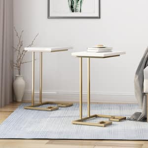 Ariade White Faux Wood and Champagne Gold Iron C-Shaped Side Tables (Set of 2)