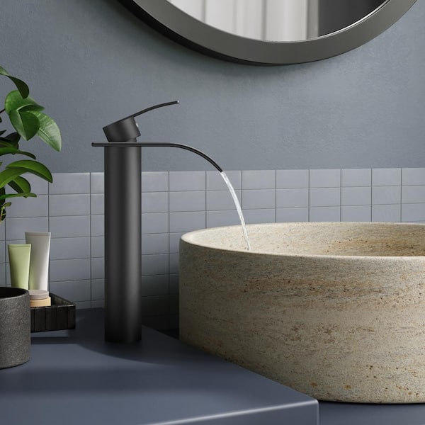 Single-Handle Single Hole Waterfall Bathroom Faucet with Pop-Up Drain in Matte Black