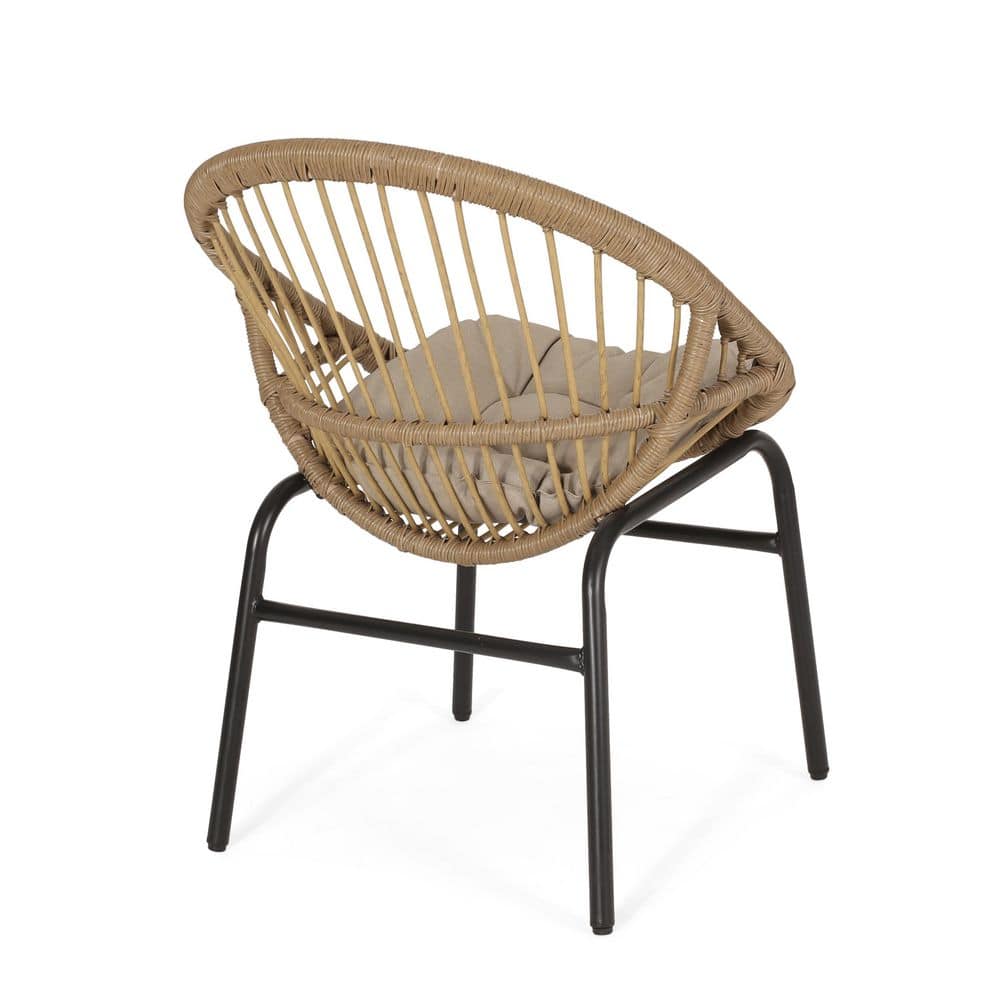 Light Brown and Beige Wicker Outdoor Dining Chairs with Cushions, Set of 2
