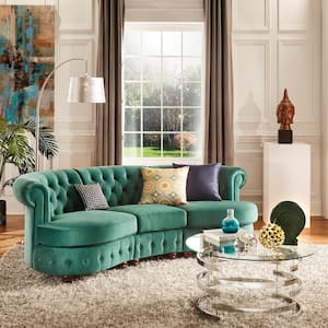 39.4 in. Green Velvet Tufted Scroll Arm Chesterfield Curved 3 Seat Sofa