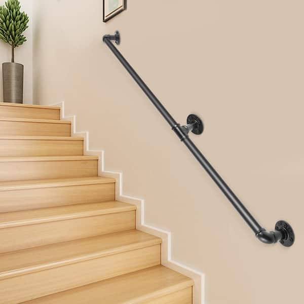 5 ft. Pipe Stair Handrail 440 lbs. Load Capacity Wall Mounted Handrail Round Corner Handrails for Outdoor Steps, Black