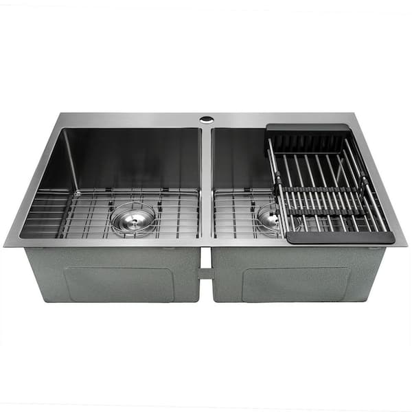 All-in-One Gunmetal Matte Black Finish Stainless Steel 33 in. Double Bowl Drop-In Kitchen Sink with Kitchen Faucet