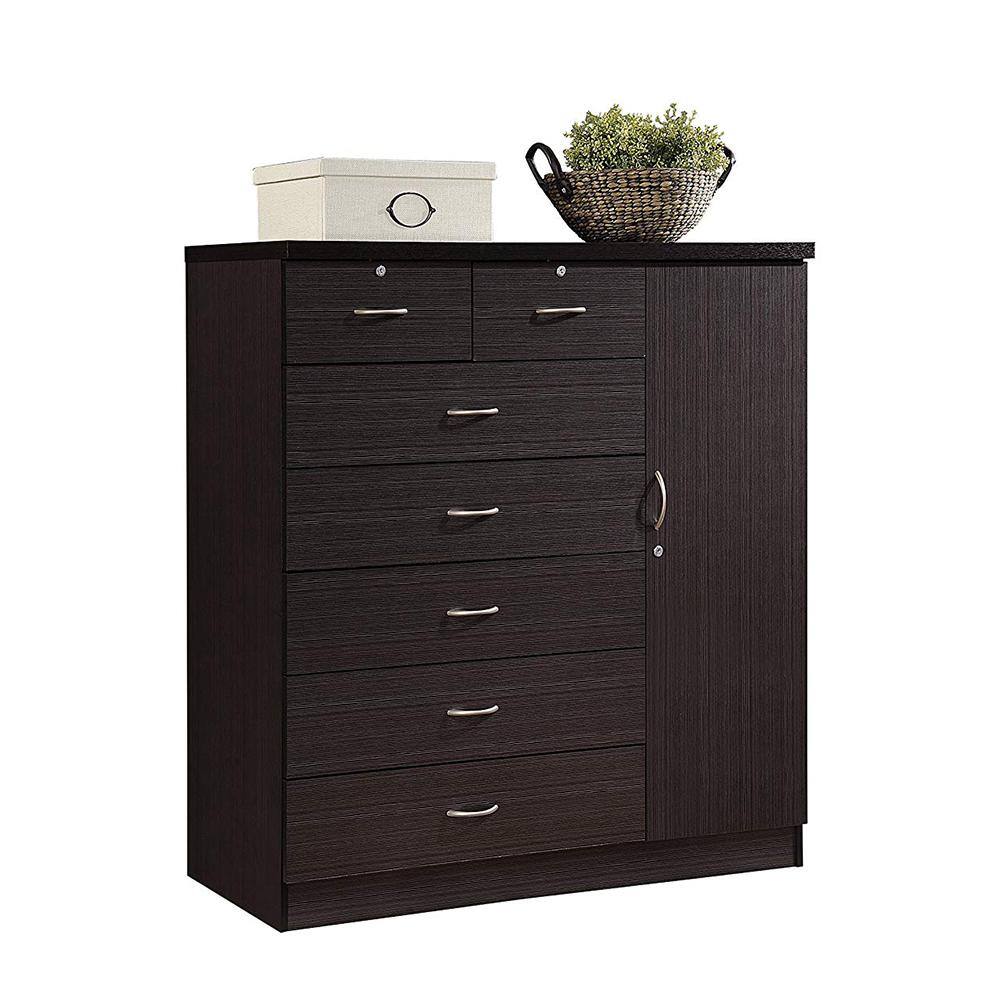Black 7-drawer chest of drawers with a side storage door.