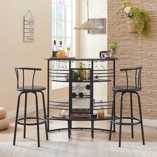 VECELO Home Bar Unit, Oval Bar Table with Wood Counter Top and Wine Rack Storage, Wine Bakers Rack for Dining Room, Gray