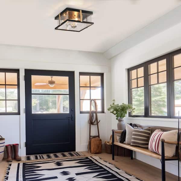 Farmhouse 3-Light Black Flush Mount Light with Square Seeded Glass, 12 in. Rustic Dark Gold Ceiling Light for Entryway