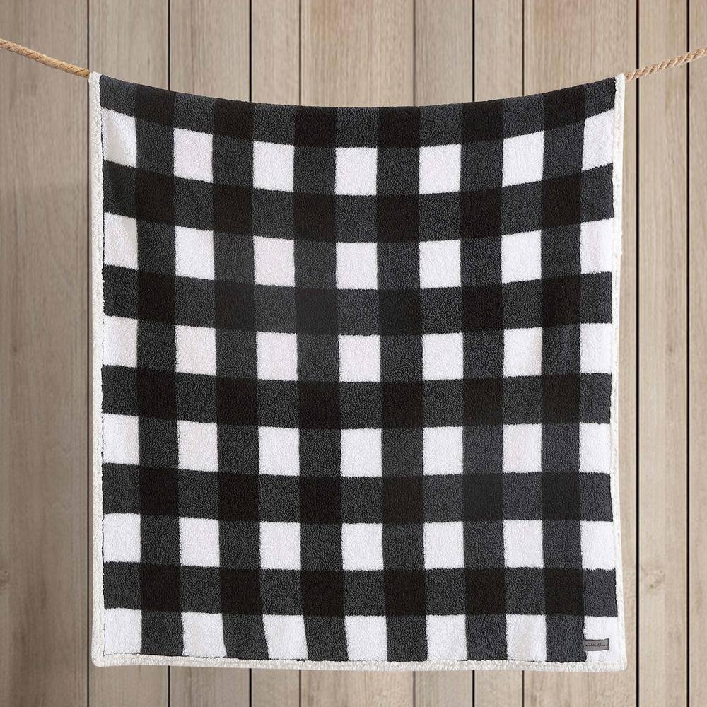 Black and White Plaid Reversible Sherpa Fleece Throw Blanket