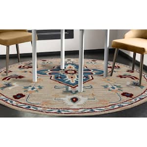 Bella Beige/Blue 4 ft. 10 in. x 4 ft. 10 in. Eclectic Hand-Tufted Medallion 100% Wool Round Area Rug