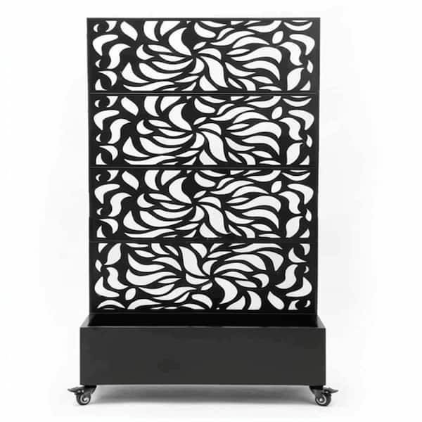 Black Metal Freestanding Privacy Screen with Floral Pattern and Planter Box (46.06 in. L x 15.75 in. W x 70.87 in. H)