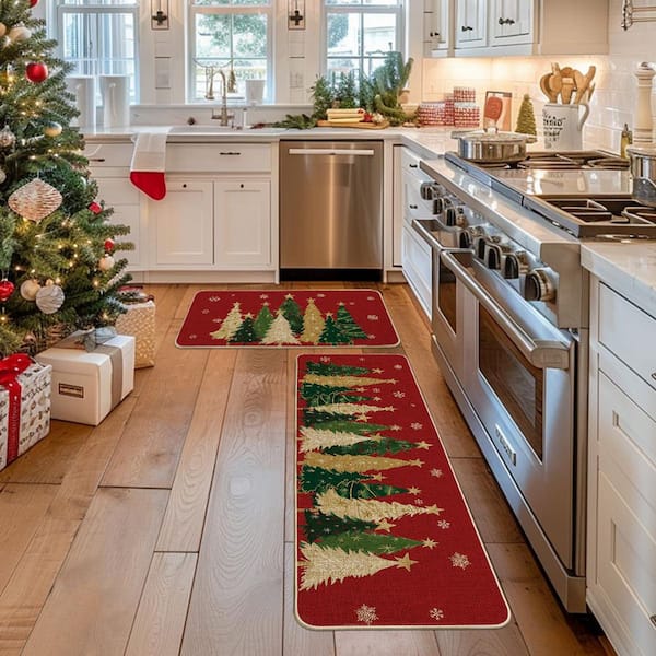 2 Pieces Low-Profile Kitchen Rugs Indoor Christmas Home Decor Kitchen Mat Set, 17 in. x 29 in. + 17 in. x 47 in. Red