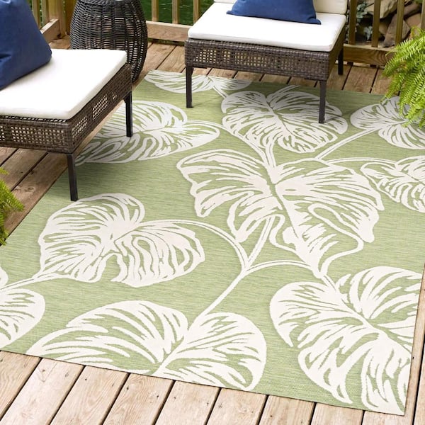 JONATHAN Y Tobago Approximate Rug Size (5 x 8 ft.) High-Low Two-Tone Green/Ivory Monstera Leaf Light Indoor/Outdoor Area Rug