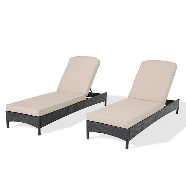 ULAX FURNITURE 2-Piece Wicker Outdoor Chaise Lounge With Beige Cushions ...