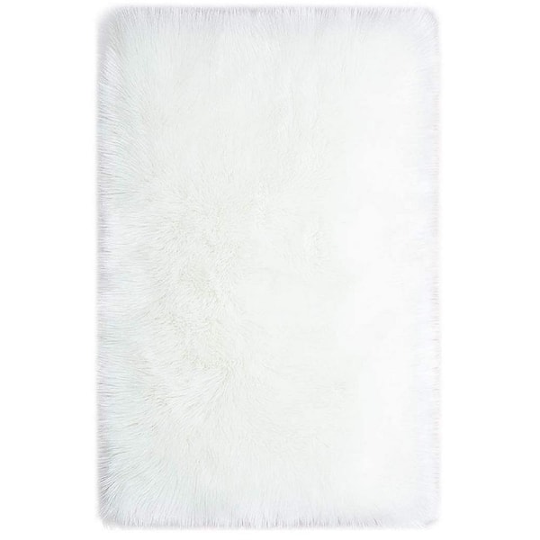 GHOUSE White 4 ft. x 6 ft. Silky Faux Fur Sheepskin Shag Fluffy Fuzzy Area Rug
