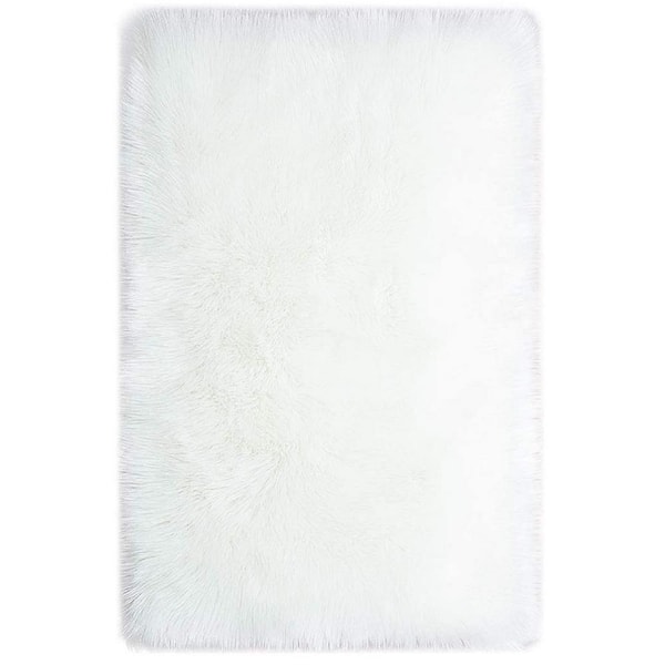GHOUSE Silky Faux Fur Sheepskin Shag White 7 ft. x 10 ft. Fluffy Fuzzy Area Rug