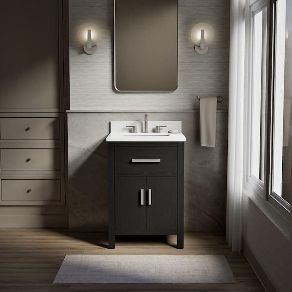Kresla 25in. Single Sink Freestanding Carbon Oak Bath Vanity with White Quartz Top Assembled