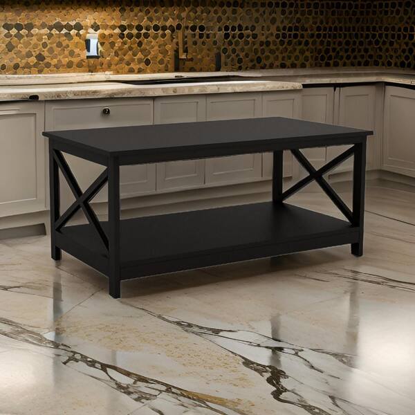 Benjara Hep 39.57 in. Black Rectangle Wood Coffee Table with 1 Shelf and Crossed Accent Frame