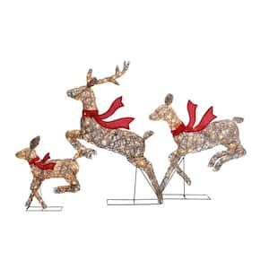 52.4 in. H 3-Piece Natural and Plastic Rattan Running Reindeer Christmas Holiday Decoration Set with Lights