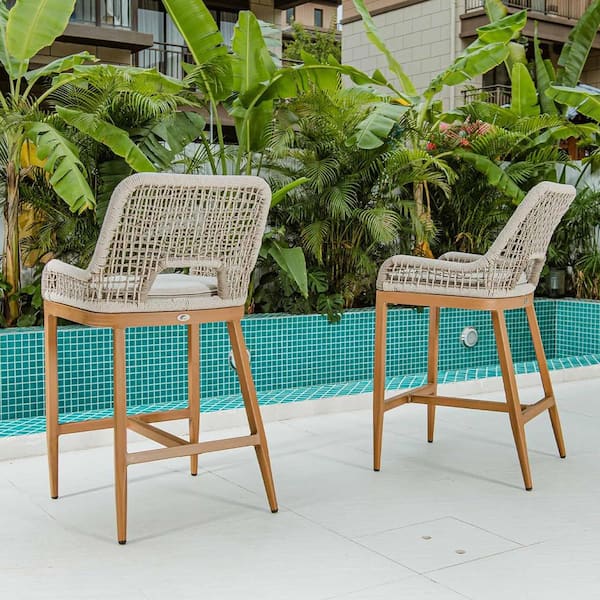 Modern Aluminum Plaid Wicker Woven Counter Height Outdoor Bar Stool with Back and Cushion (2-Pack)