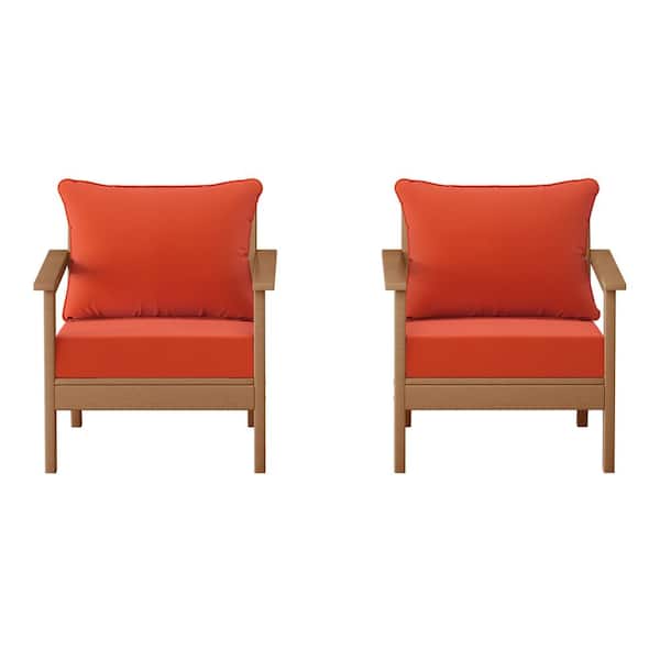 Birchwood Teak Outdoor Patio (Set of 2) Deep Seating HDPE Lounge Chairs w/ Orange Cushions
