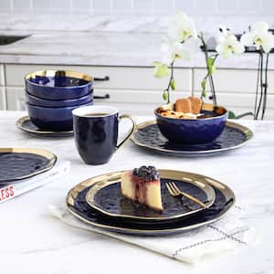 32-Piece Dishes for 8-Gold and Blue Florian Modern Porcelain Dish Set