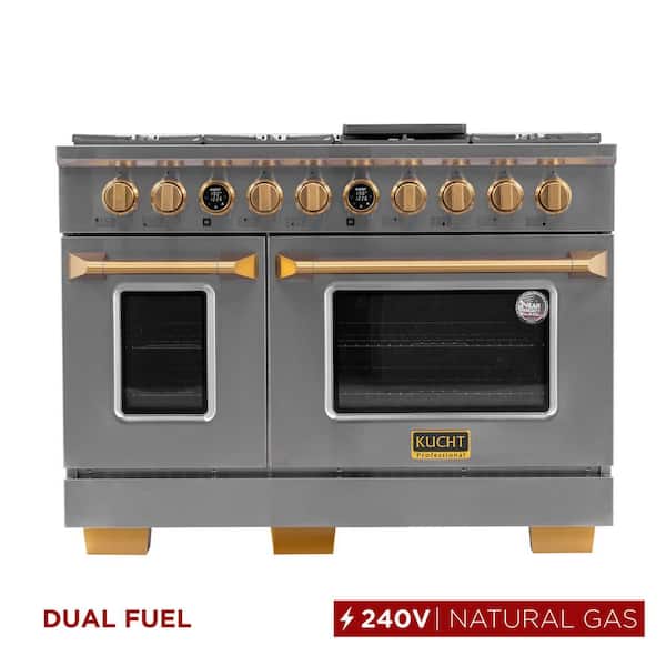 48 in. 6.7 cu.ft. 8-Burners Dual Fuel Range Natural Gas in Stainless Steel with Gold Accents and Digital Dial Thermostat