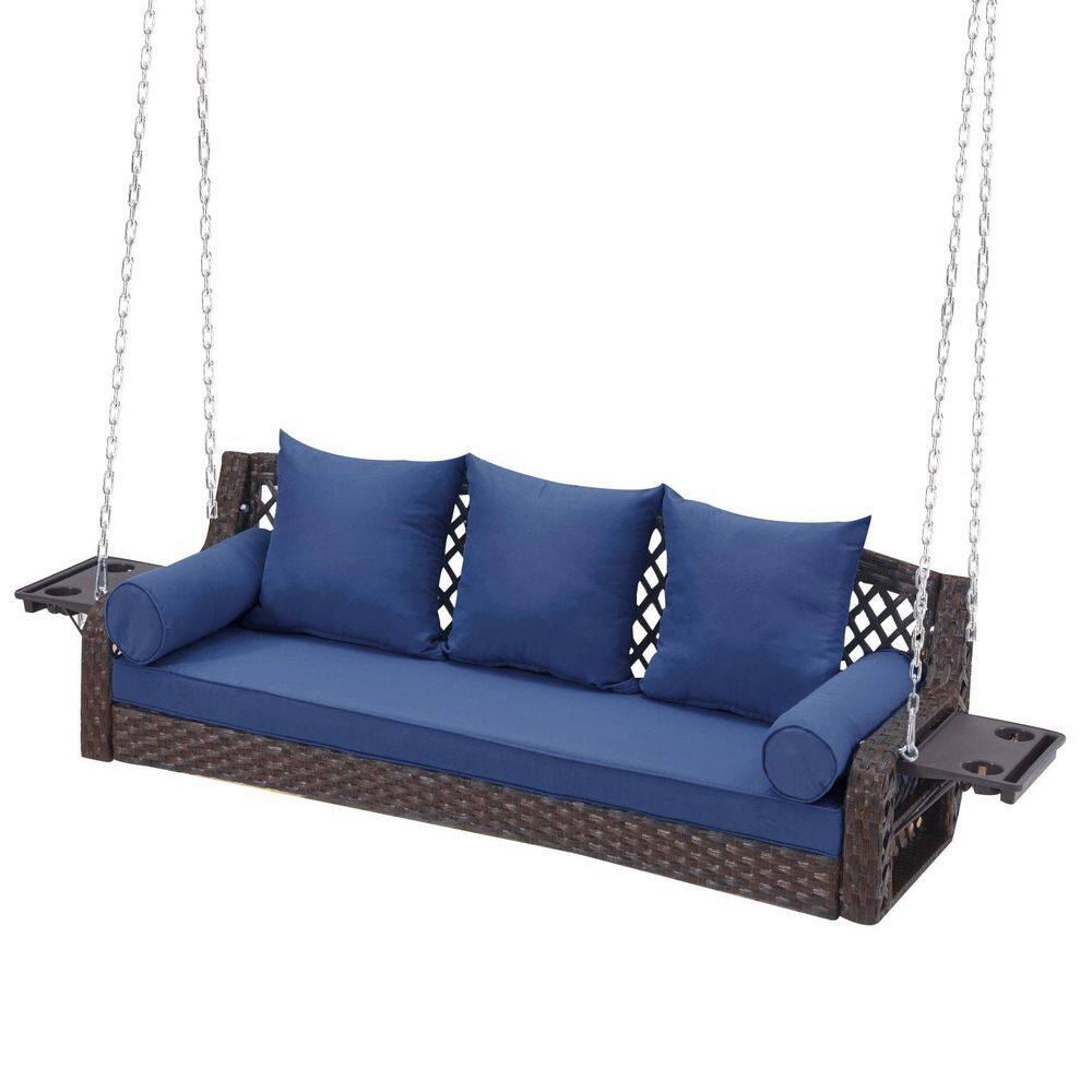 3-Person Wicker Patio Porch Swing with 3 Blue Back Cushions, Chains and Cup Holders price history on PriceWatchPro