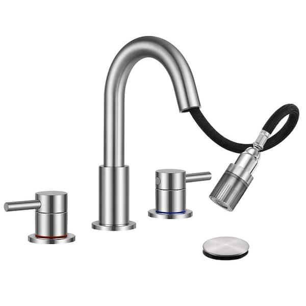 2 handle Pull down Spout 8 in. Widespread Bathroom Faucet 3 Hole Bathroom Sink Faucet in Brushed Nickel