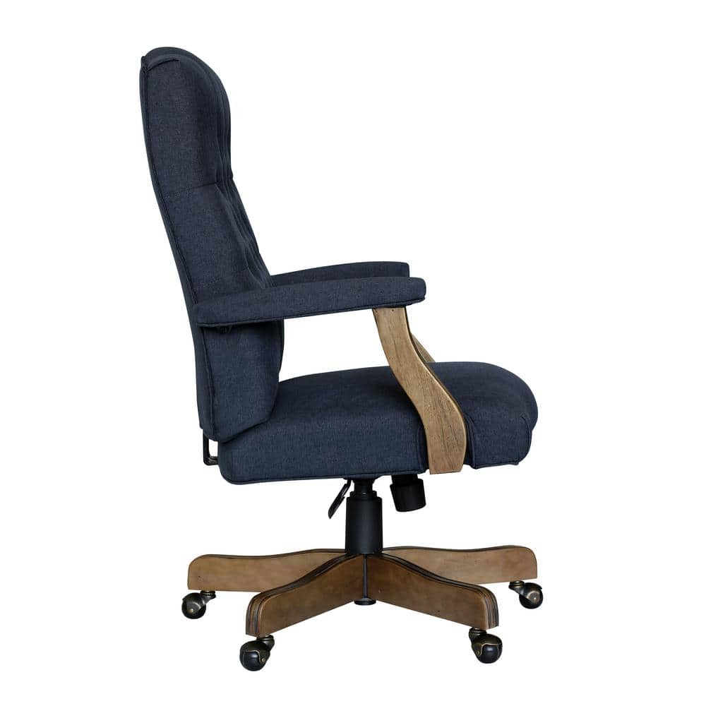 Elegant Denim Blue High-Back Executive Chair with Driftwood Wood Base