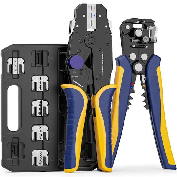 Hand Tool Ratchet Crimping Tool Set with 6 Crimp Dies, Star Wheel Pressure Adjust, Wire Stripper, 8 Piece