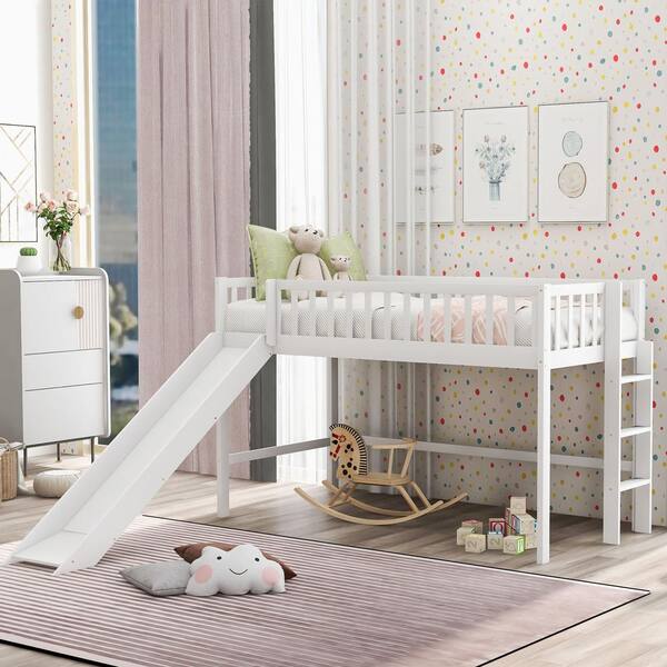 GODEER White Twin Size Low Loft Bed with Ladder and Slide AJ620412EEO ...