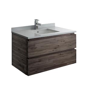Formosa 36 in. Modern Wall Hung Vanity in Warm Gray with Quartz Stone Vanity Top in White with White Basin