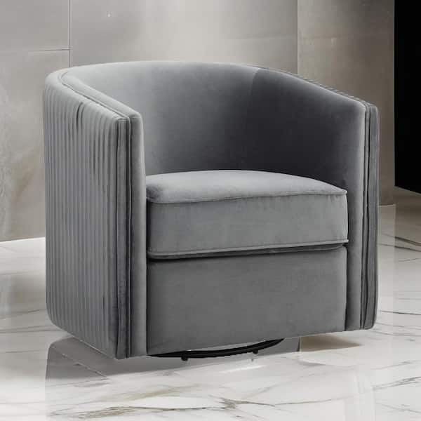 Benjara Gray and Black Velvet Arm Chair with Round Solid Wood Frame