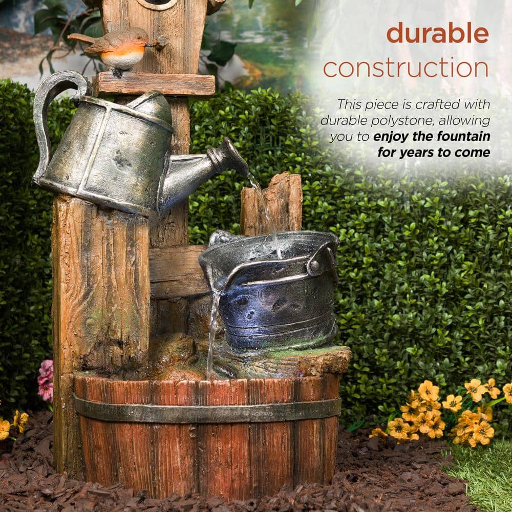 Rustic Polystone Watering Can Birdhouse Fountain with LED Lights