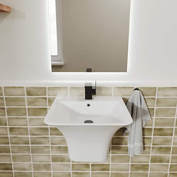 Carre Ceramic Wall Mount Bathroom Sink in Glossy White