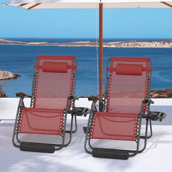 (Set of 2) Patio Foldable Zero Gravity Chair with Cup Holding Tray and FootPad Metal Outdoor Recliner w/ Maroon Cushions