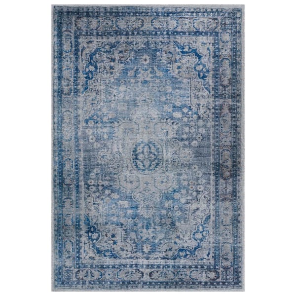 Classic Vintage 6 ft. x 9 ft. Blue/Gray Distressed Ornate Medallion Area Rug