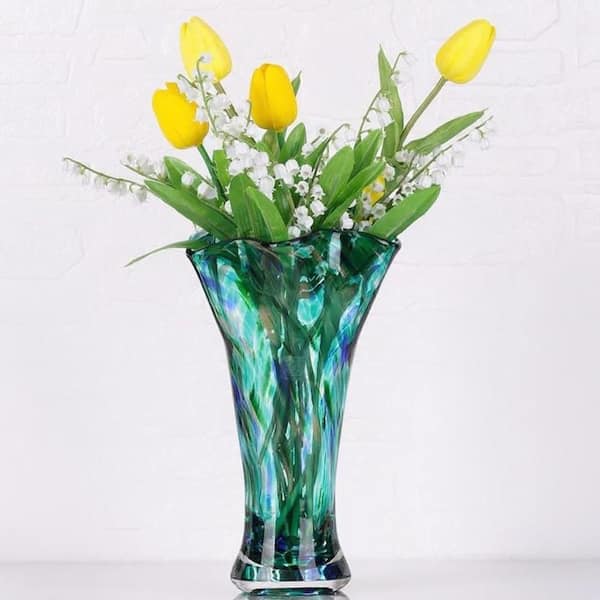 9 in. H Teal Glass Vases for Flowers, Hand Blown Glass Vase Green Home Decor, Round Shape