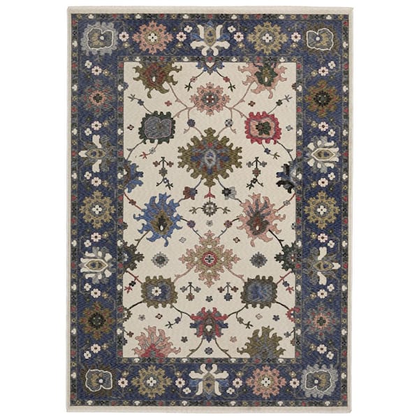 Hunter Ivory/Blue 5 ft. x 8 ft. Persian Floral Polyester Fringe-Edge Indoor Area Rug